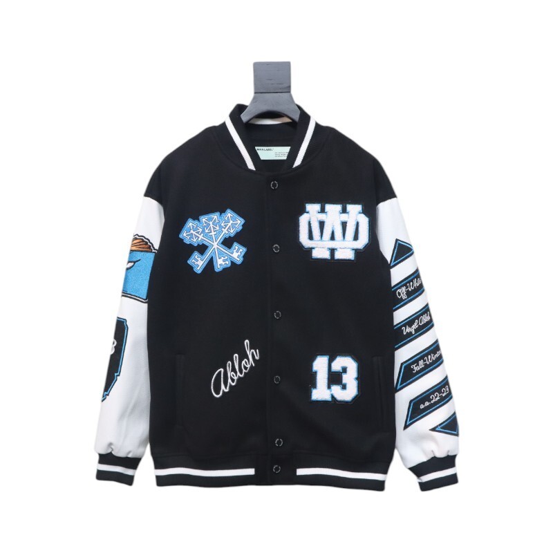 EM Sneakers Off-White Letter 13 Catwalk Style Towel Embroidery Baseball Jacket Black and White and Blue