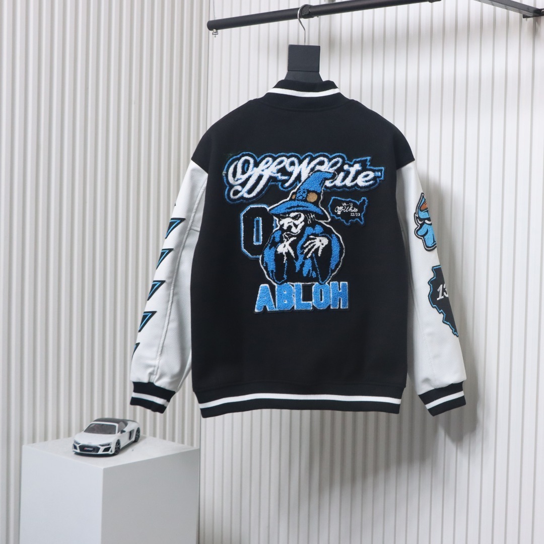 EM Sneakers Off-White Letter 13 Catwalk Style Towel Embroidery Baseball Jacket Black and White and Blue