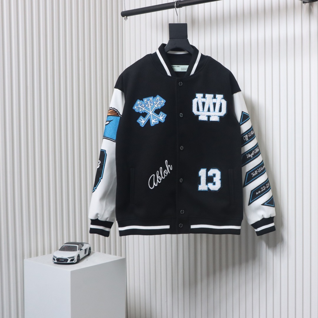 EM Sneakers Off-White Letter 13 Catwalk Style Towel Embroidery Baseball Jacket Black and White and Blue