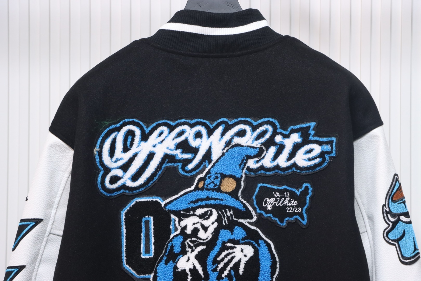 EM Sneakers Off-White Letter 13 Catwalk Style Towel Embroidery Baseball Jacket Black and White and Blue