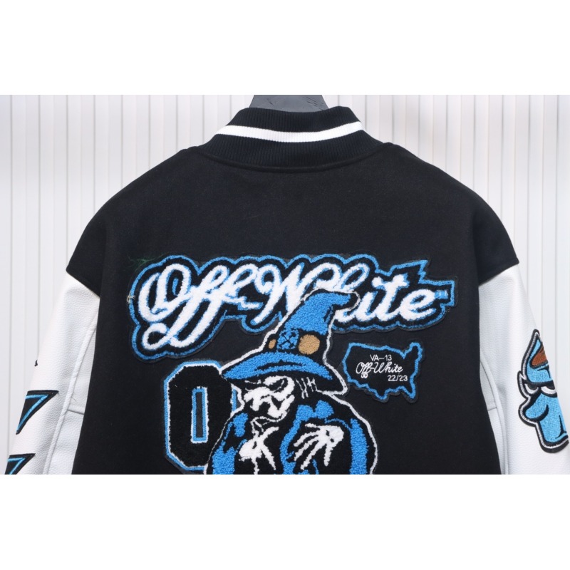 EM Sneakers Off-White Letter 13 Catwalk Style Towel Embroidery Baseball Jacket Black and White and Blue