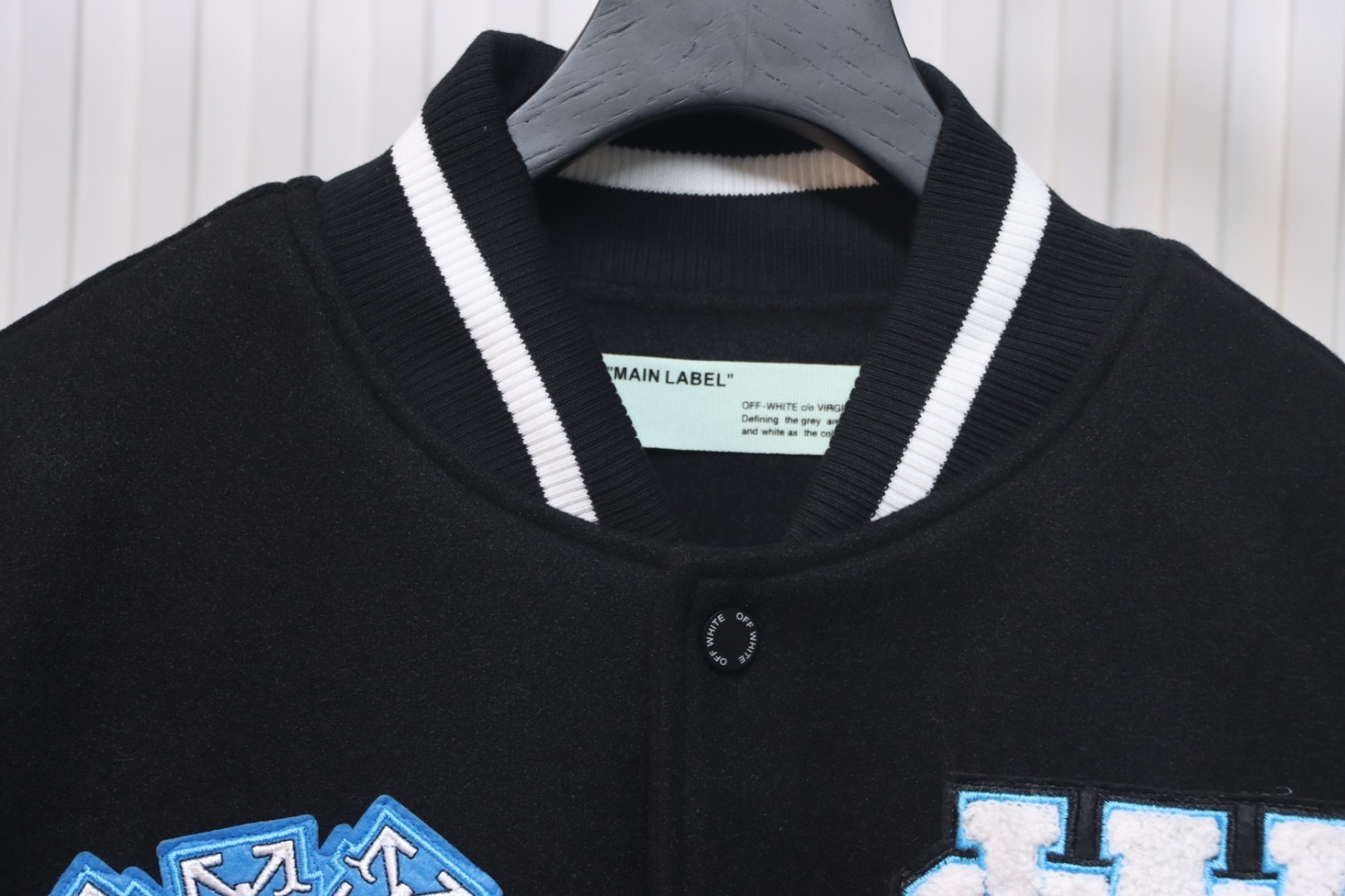 EM Sneakers Off-White Letter 13 Catwalk Style Towel Embroidery Baseball Jacket Black and White and Blue