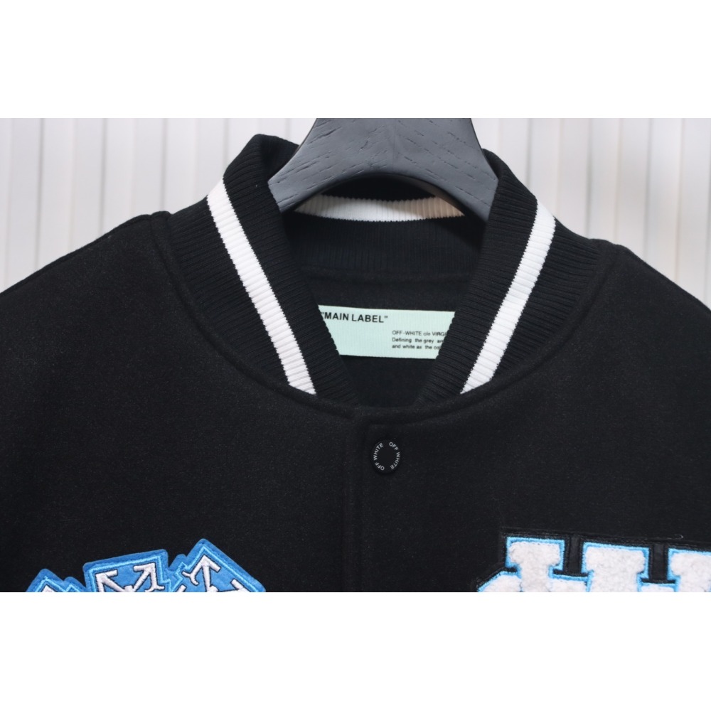 EM Sneakers Off-White Letter 13 Catwalk Style Towel Embroidery Baseball Jacket Black and White and Blue
