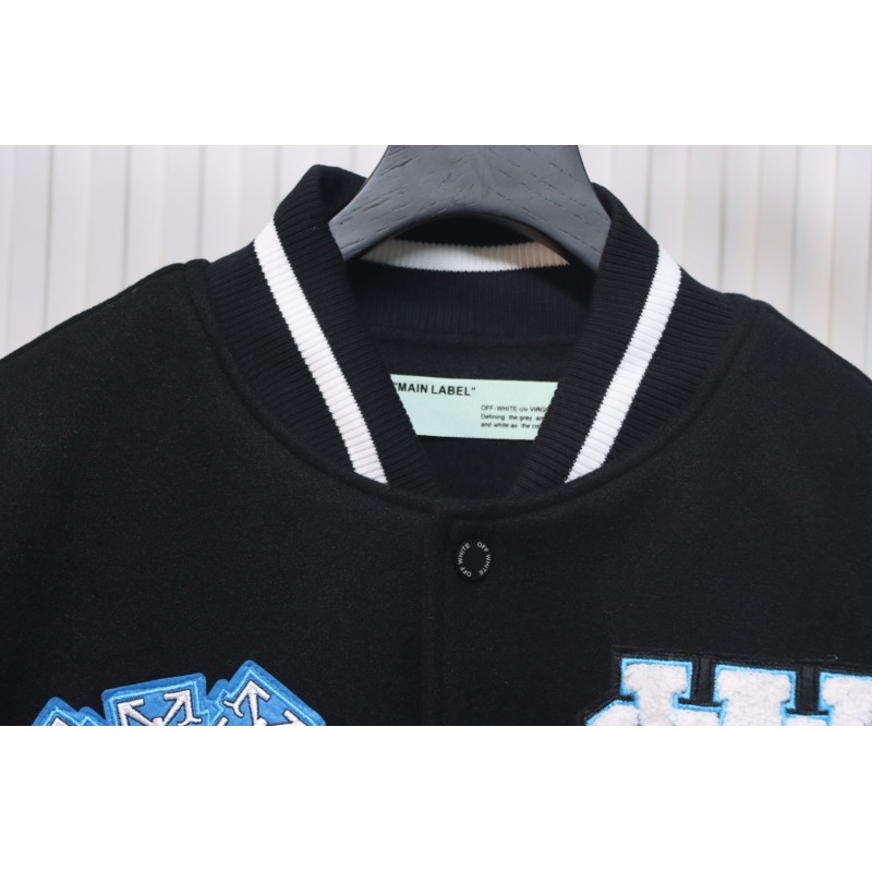 EM Sneakers Off-White Letter 13 Catwalk Style Towel Embroidery Baseball Jacket Black and White and Blue