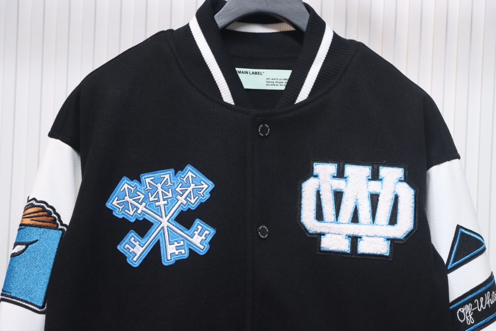 EM Sneakers Off-White Letter 13 Catwalk Style Towel Embroidery Baseball Jacket Black and White and Blue