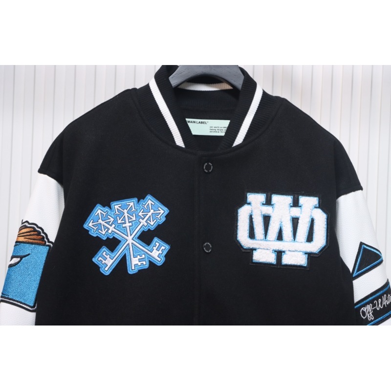 EM Sneakers Off-White Letter 13 Catwalk Style Towel Embroidery Baseball Jacket Black and White and Blue