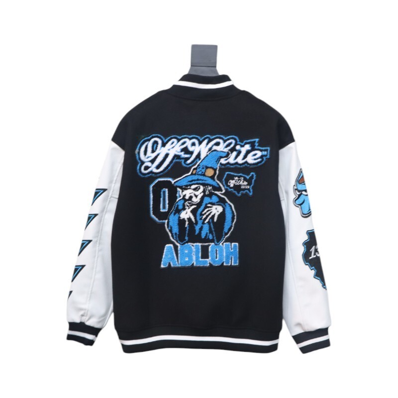 EM Sneakers Off-White Letter 13 Catwalk Style Towel Embroidery Baseball Jacket Black and White and Blue