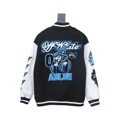 EM Sneakers Off-White Letter 13 Catwalk Style Towel Embroidery Baseball Jacket Black and White and Blue 02