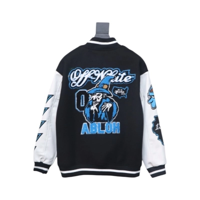 EM Sneakers Off-White Letter 13 Catwalk Style Towel Embroidery Baseball Jacket Black and White and Blue 02