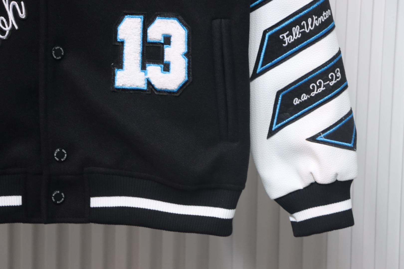 EM Sneakers Off-White Letter 13 Catwalk Style Towel Embroidery Baseball Jacket Black and White and Blue