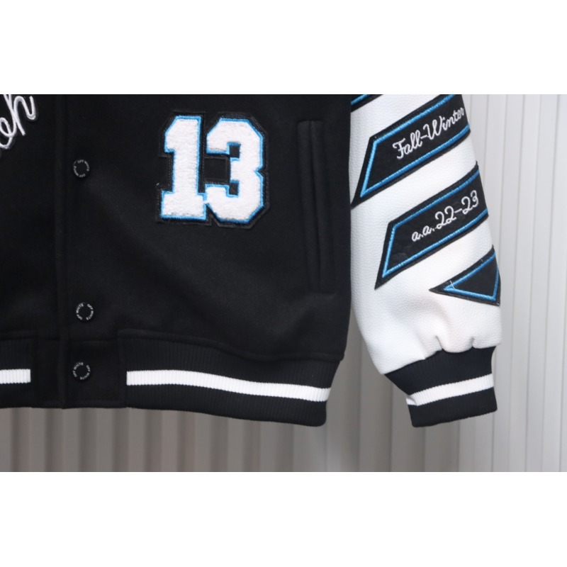 EM Sneakers Off-White Letter 13 Catwalk Style Towel Embroidery Baseball Jacket Black and White and Blue