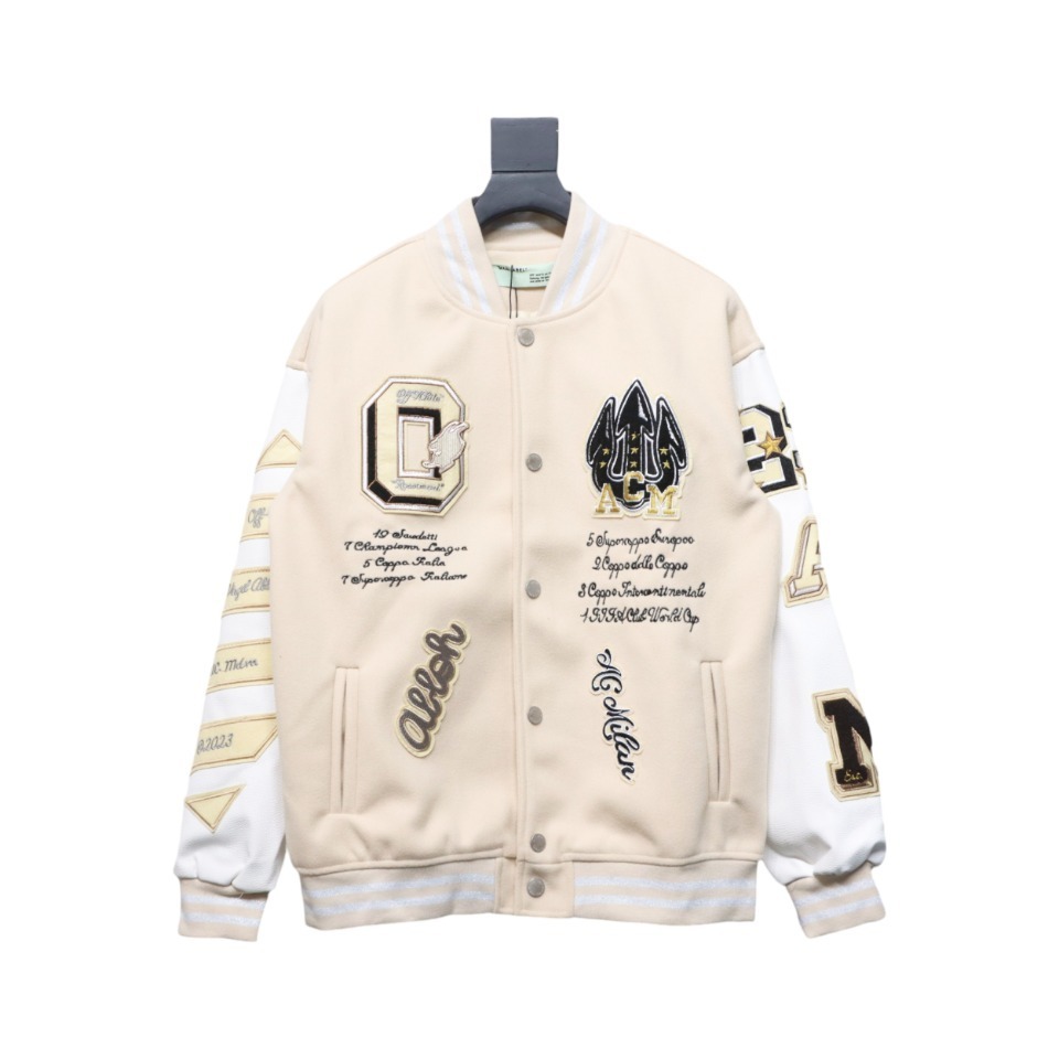 EM Sneakers Off-White x AC mlian Devil Towel Embroidery Joint Baseball Jacket Apricot