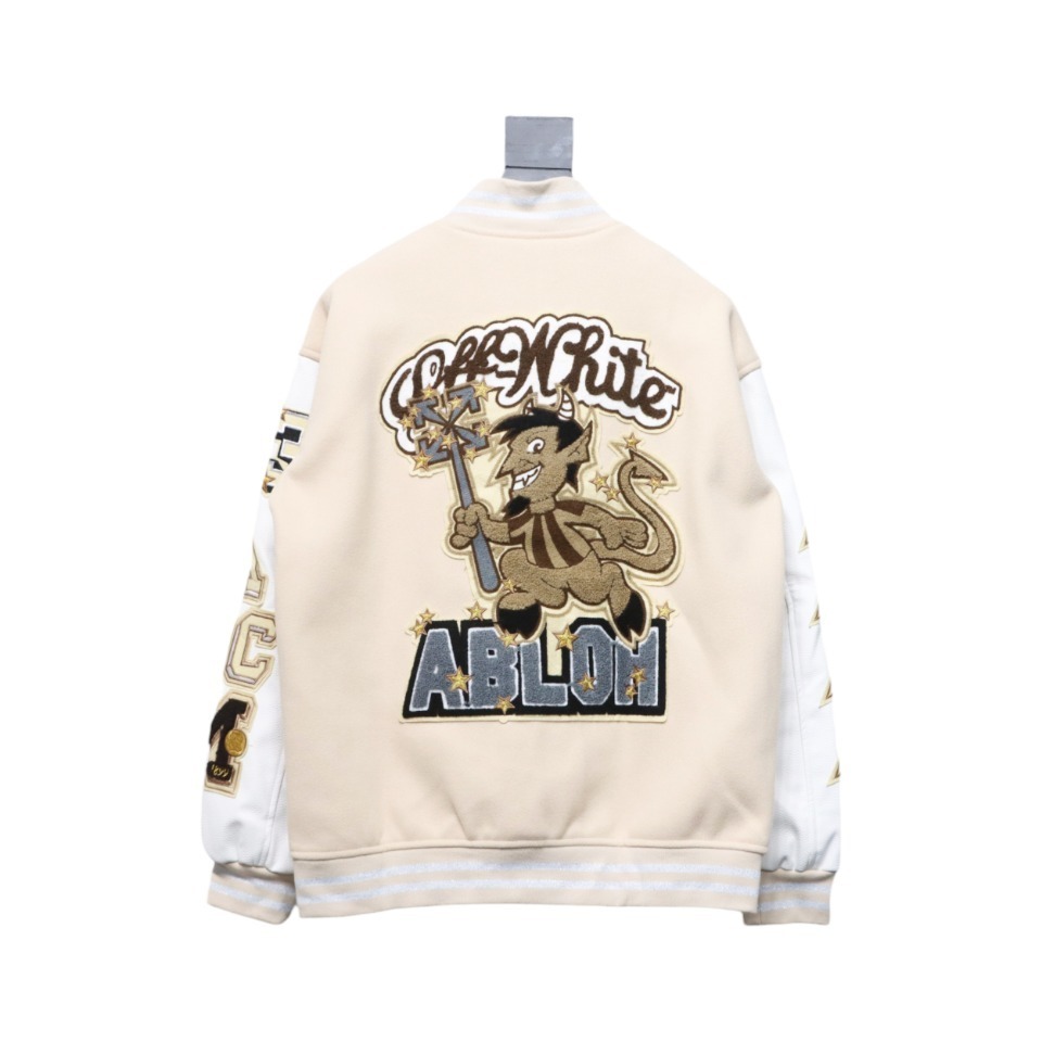 EM Sneakers Off-White x AC mlian Devil Towel Embroidery Joint Baseball Jacket Apricot