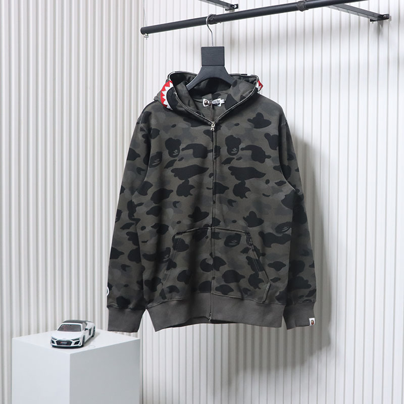 EM Sneakers BAPE Shark Head Tiger Head Zipper Camouflage Single Hooded Hoodie Dark Grey