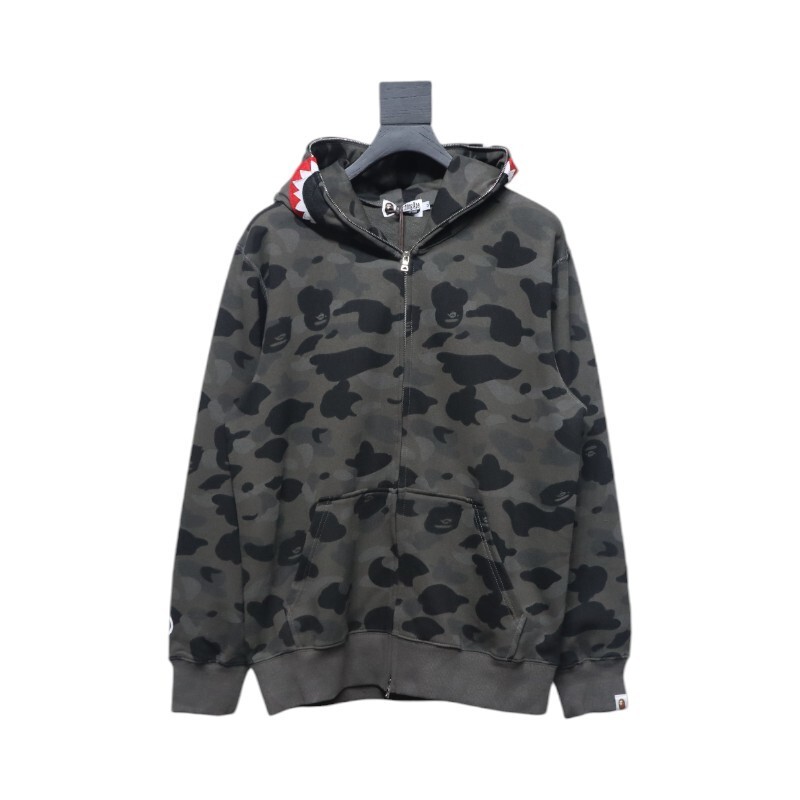 EM Sneakers BAPE Shark Head Tiger Head Zipper Camouflage Single Hooded Hoodie Dark Grey