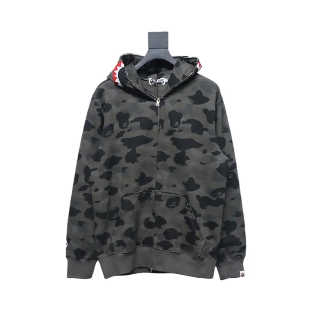 EM Sneakers BAPE Shark Head Tiger Head Zipper Camouflage Single Hooded Hoodie Dark Grey