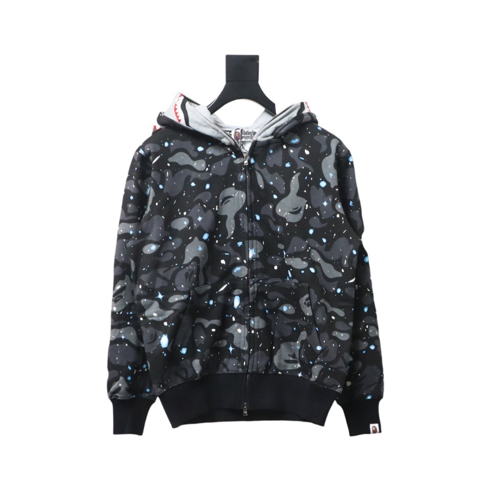 EM Sneakers BAPE Shark Head Tiger Head Zipper Starry Sky Camouflage Double Hooded Hoodie Dark Gray