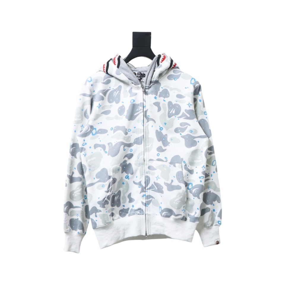 EM Sneakers BAPE Shark Head Tiger Head Zipper Starry Sky Camouflage Double Hooded Hoodie Gray and White