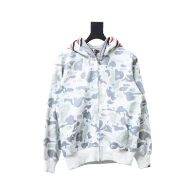 EM Sneakers BAPE Shark Head Tiger Head Zipper Starry Sky Camouflage Double Hooded Hoodie Gray and White 01