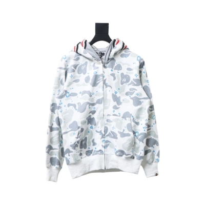 EM Sneakers BAPE Shark Head Tiger Head Zipper Starry Sky Camouflage Double Hooded Hoodie Gray and White 01
