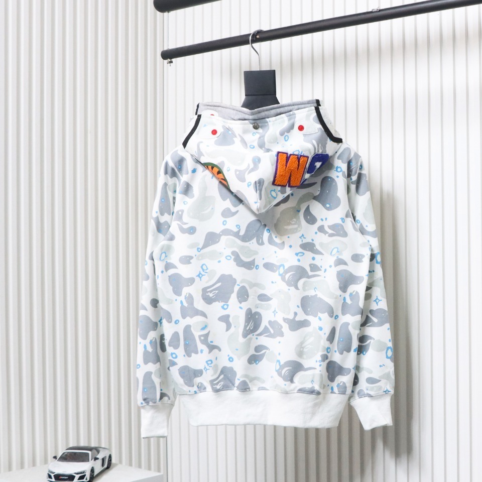 EM Sneakers BAPE Shark Head Tiger Head Zipper Starry Sky Camouflage Double Hooded Hoodie Gray and White