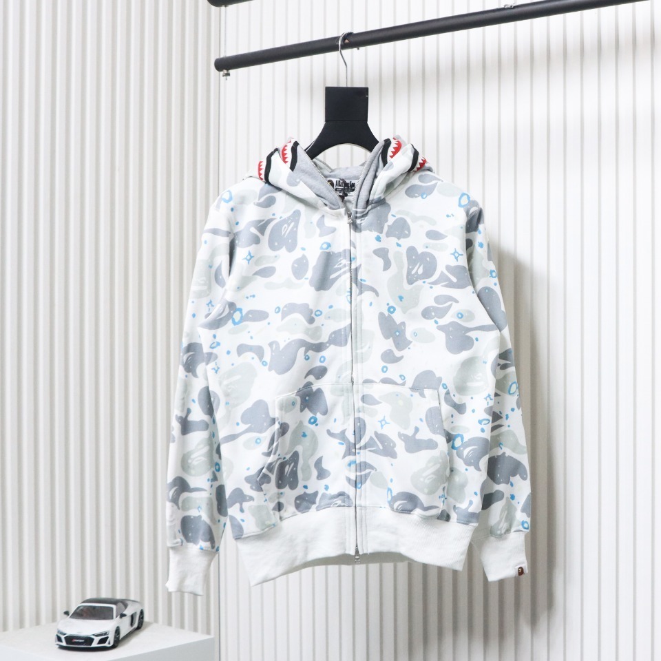 EM Sneakers BAPE Shark Head Tiger Head Zipper Starry Sky Camouflage Double Hooded Hoodie Gray and White