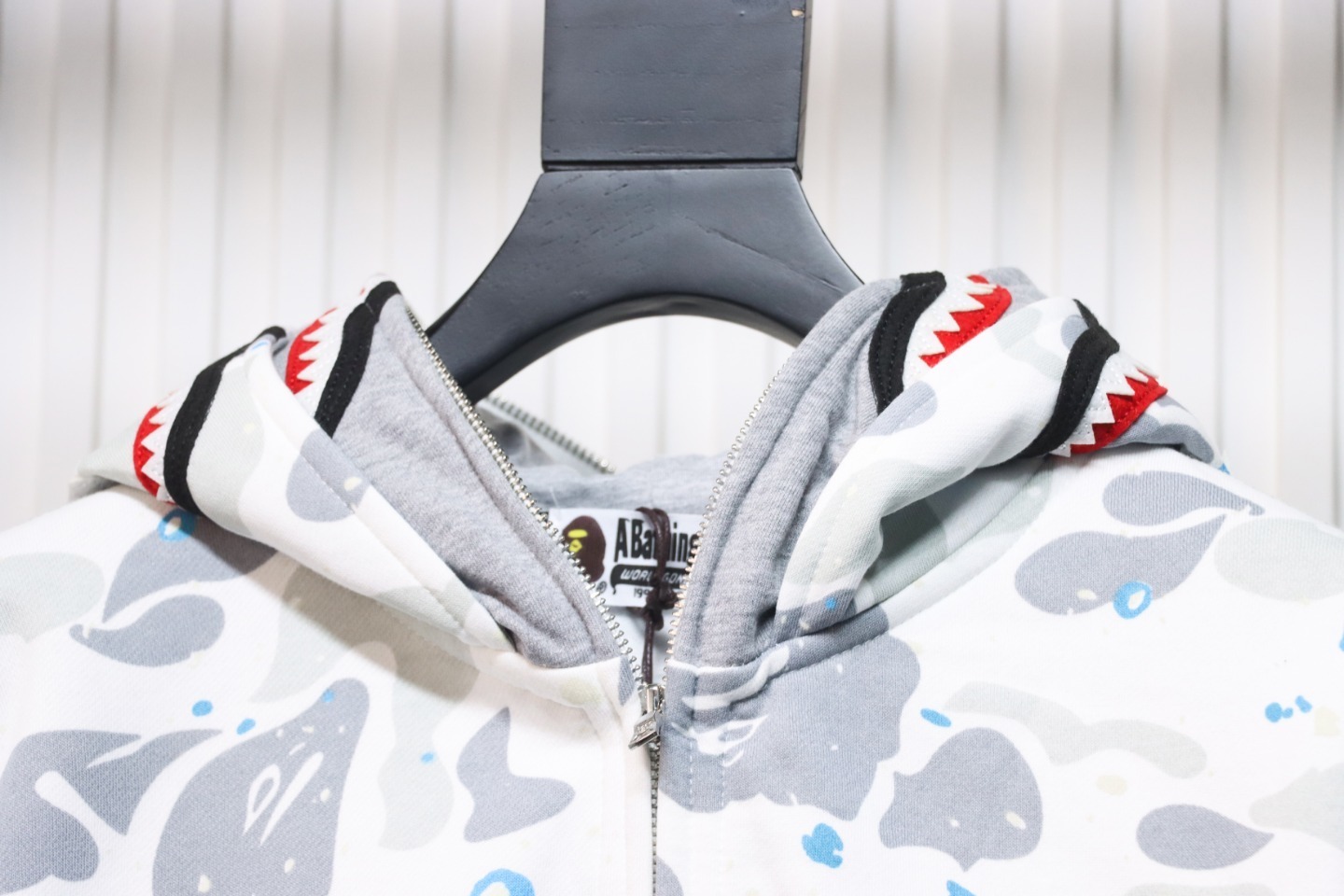 EM Sneakers BAPE Shark Head Tiger Head Zipper Starry Sky Camouflage Double Hooded Hoodie Gray and White