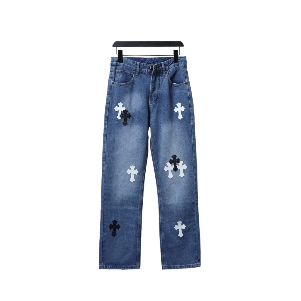 EM Sneakers Chrome Hearts Black and White Cross-patterned Jeans with Sanskrit on the Back