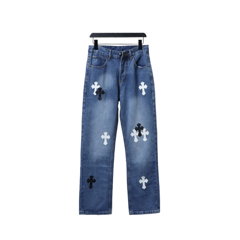EM Sneakers Chrome Hearts Black and White Cross-patterned Jeans with Sanskrit on the Back