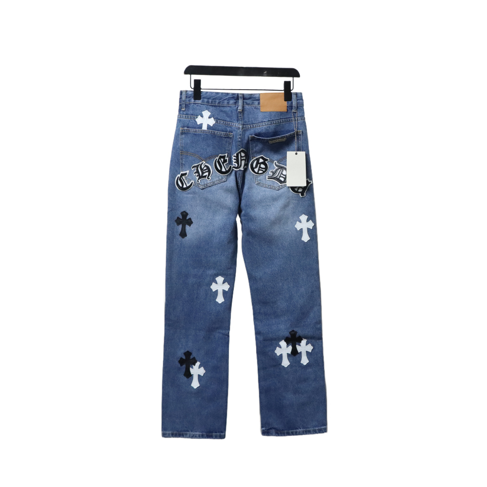 EM Sneakers Chrome Hearts Black and White Cross-patterned Jeans with Sanskrit on the Back