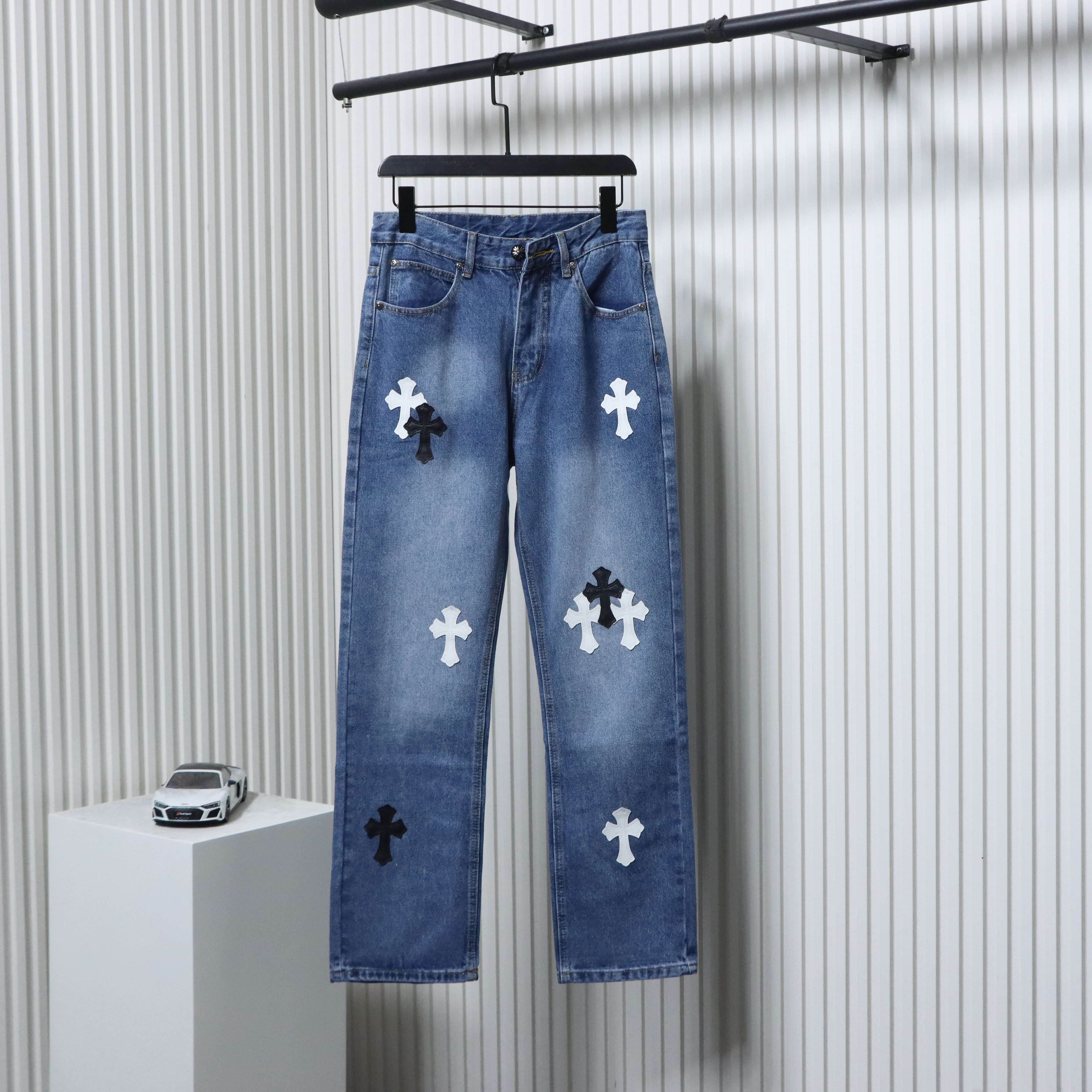 EM Sneakers Chrome Hearts Black and White Cross-patterned Jeans with Sanskrit on the Back