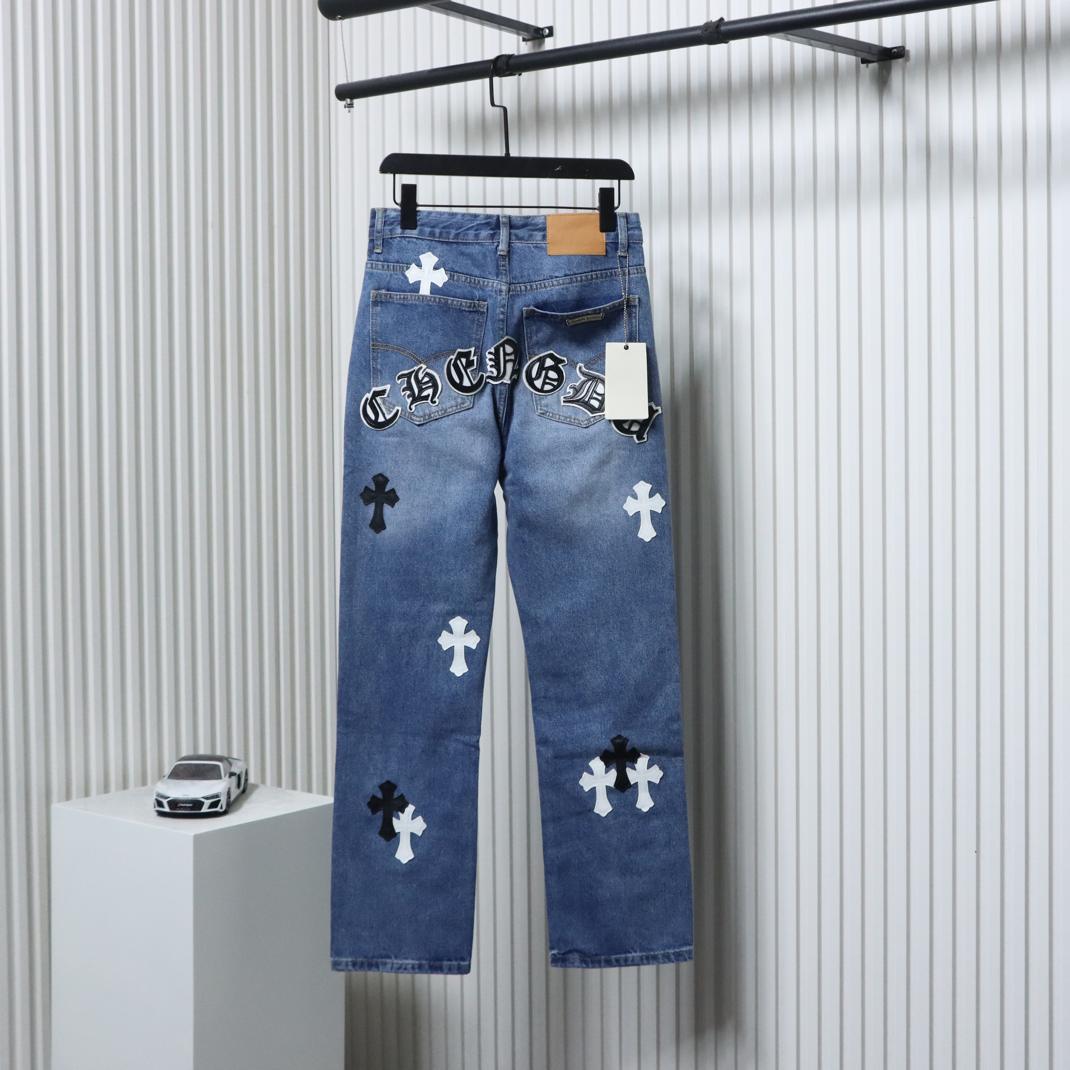 EM Sneakers Chrome Hearts Black and White Cross-patterned Jeans with Sanskrit on the Back