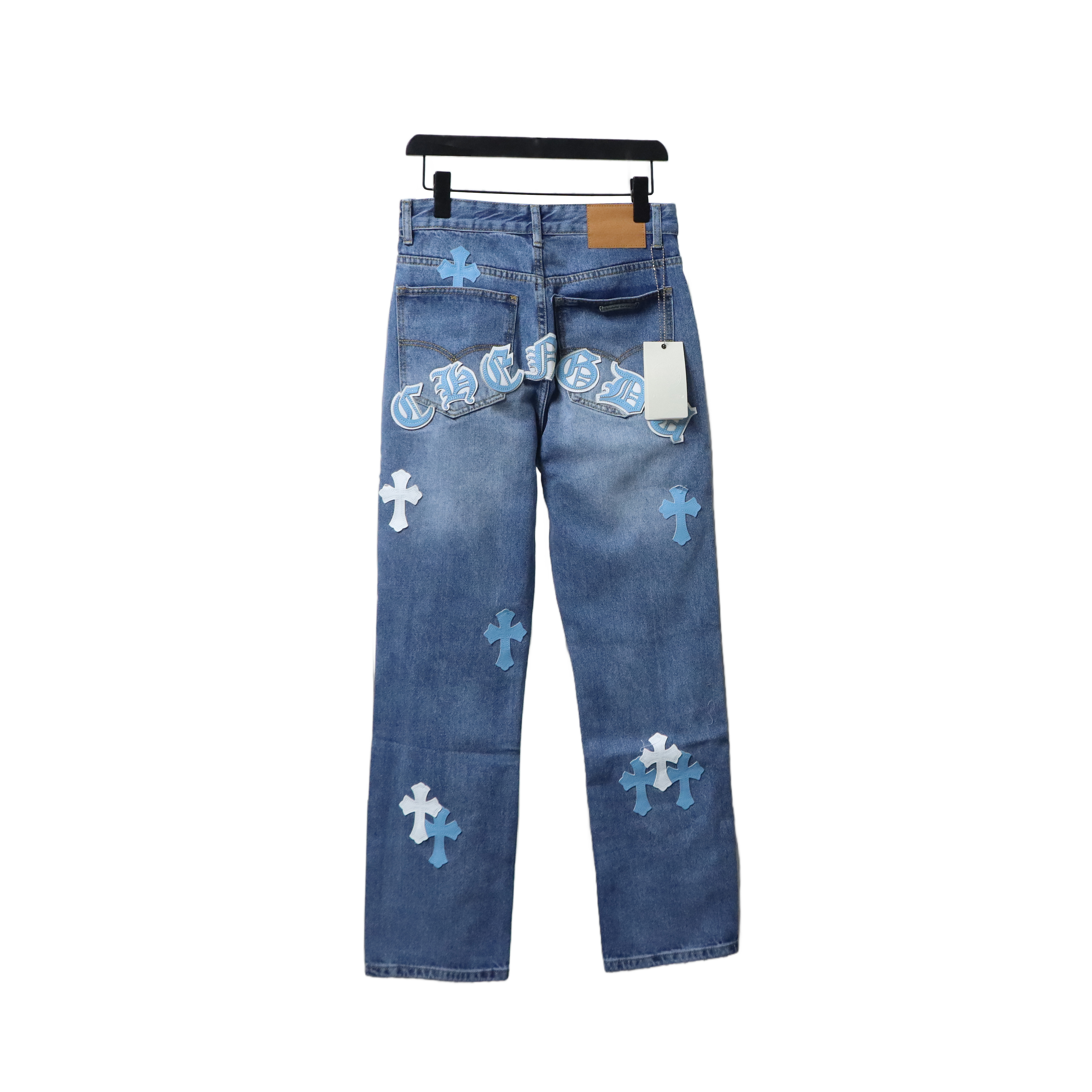 EM Sneakers Chrome Hearts Blue and White Cross-patterned Jeans with Sanskrit on the Back