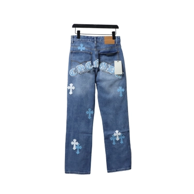 EM Sneakers Chrome Hearts Blue and White Cross-patterned Jeans with Sanskrit on the Back 01