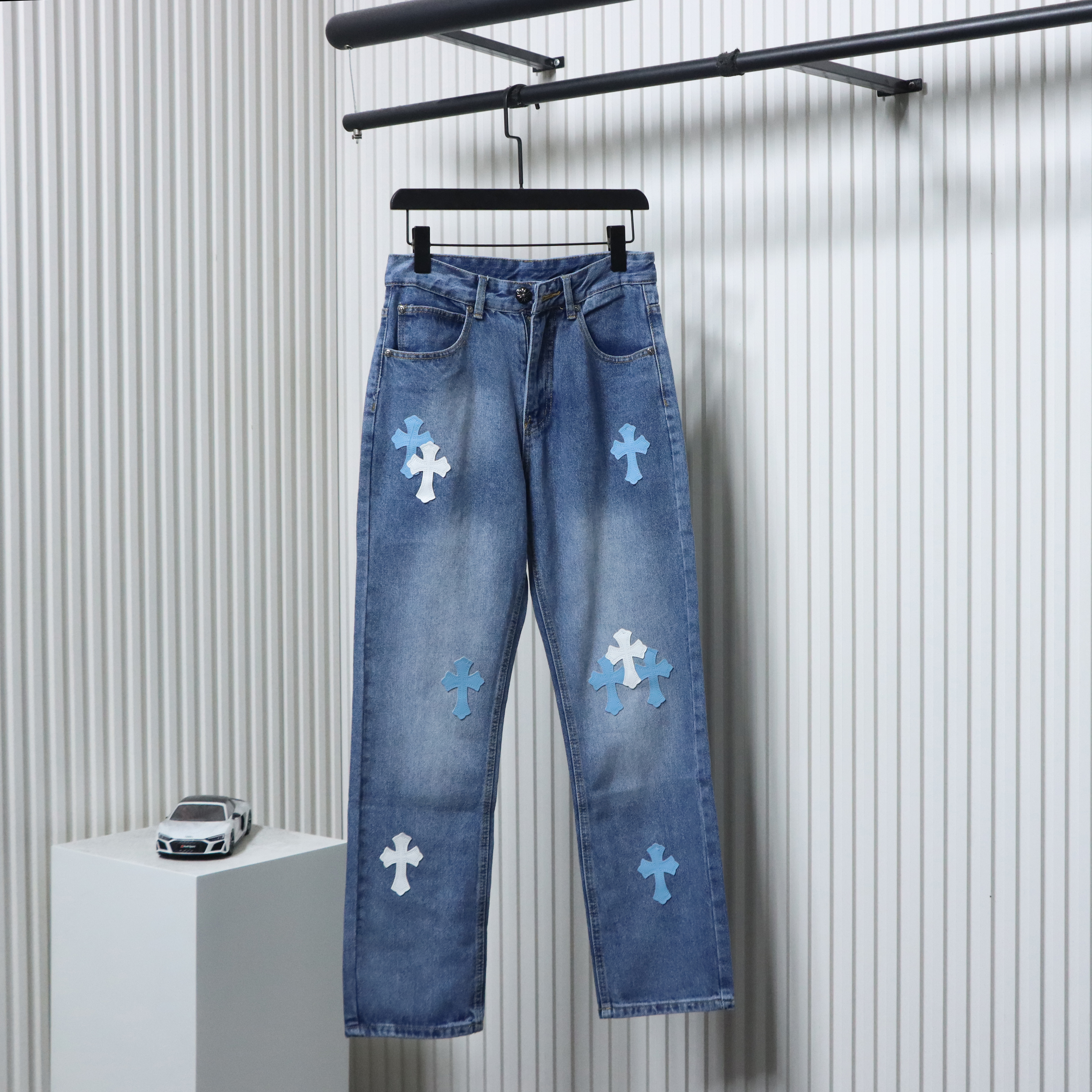 EM Sneakers Chrome Hearts Blue and White Cross-patterned Jeans with Sanskrit on the Back