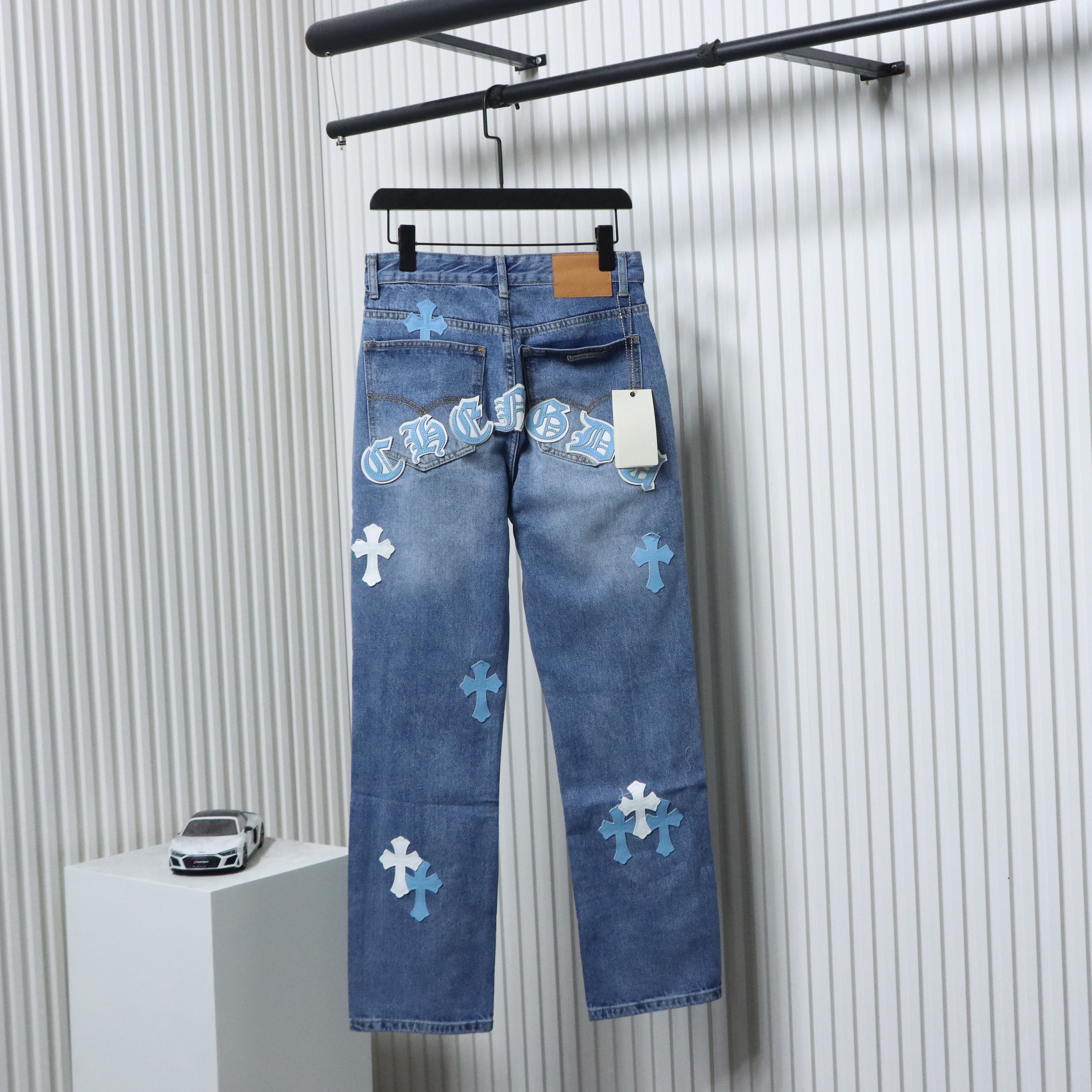 EM Sneakers Chrome Hearts Blue and White Cross-patterned Jeans with Sanskrit on the Back