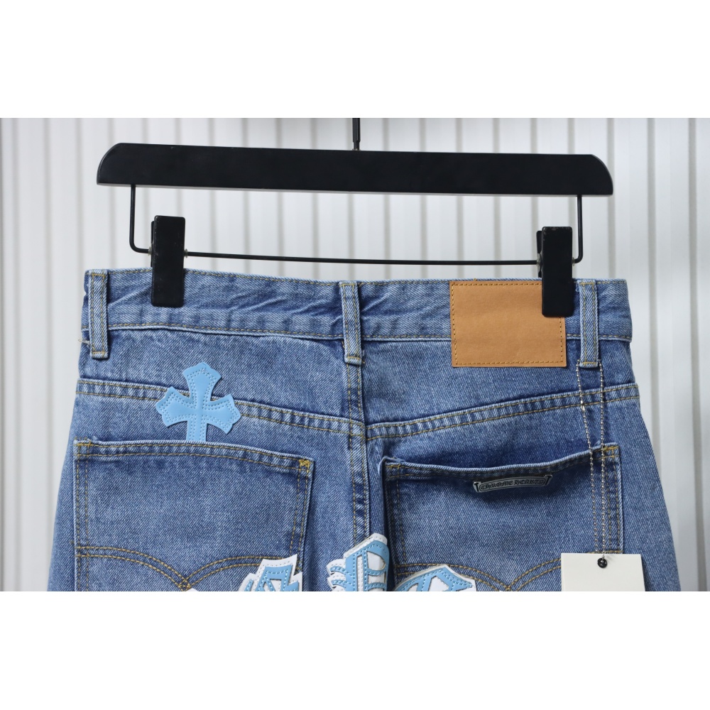 EM Sneakers Chrome Hearts Blue and White Cross-patterned Jeans with Sanskrit on the Back