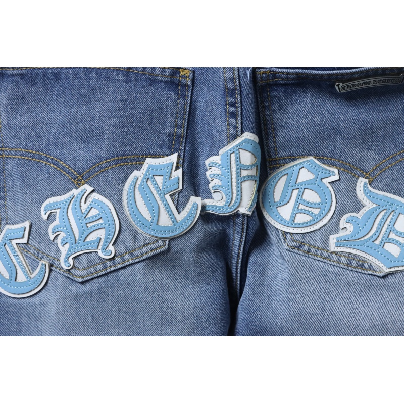 EM Sneakers Chrome Hearts Blue and White Cross-patterned Jeans with Sanskrit on the Back