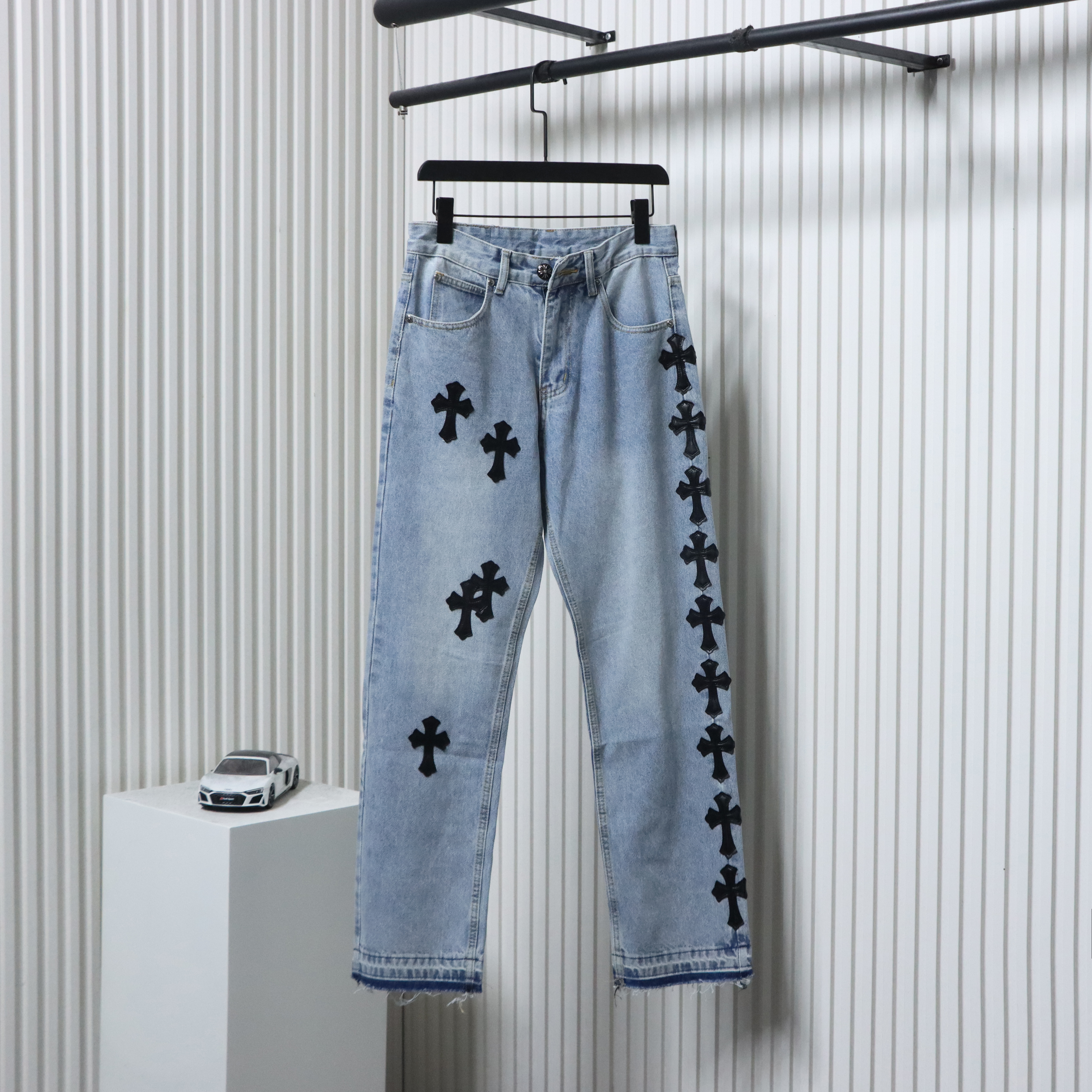 EM Sneakers Chrome Hearts Cross Leather Straight Jeans Blue