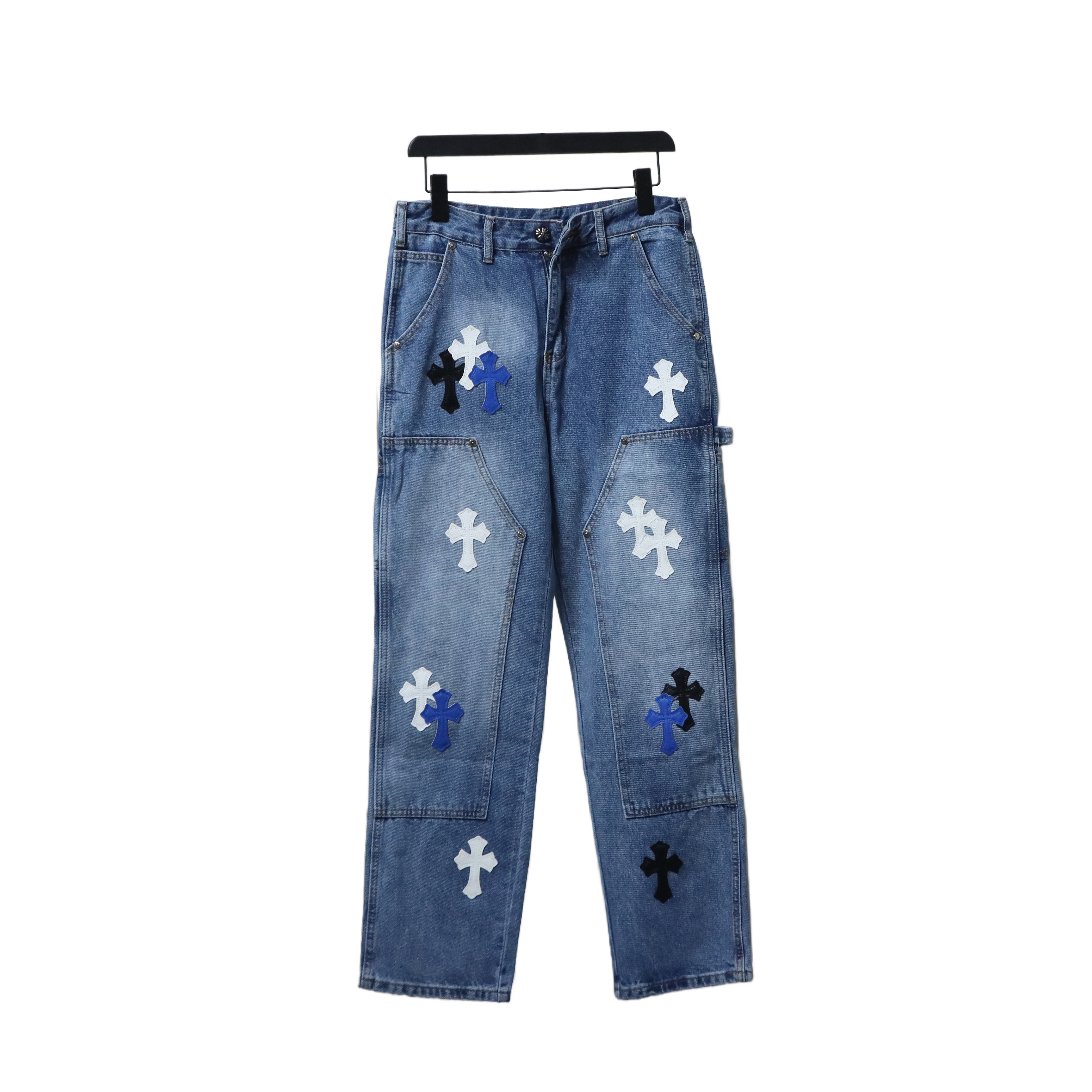 EM Sneakers Chrome Hearts Ox King City Limited Edition Cross Metallic Leather Jeans Dark Blue