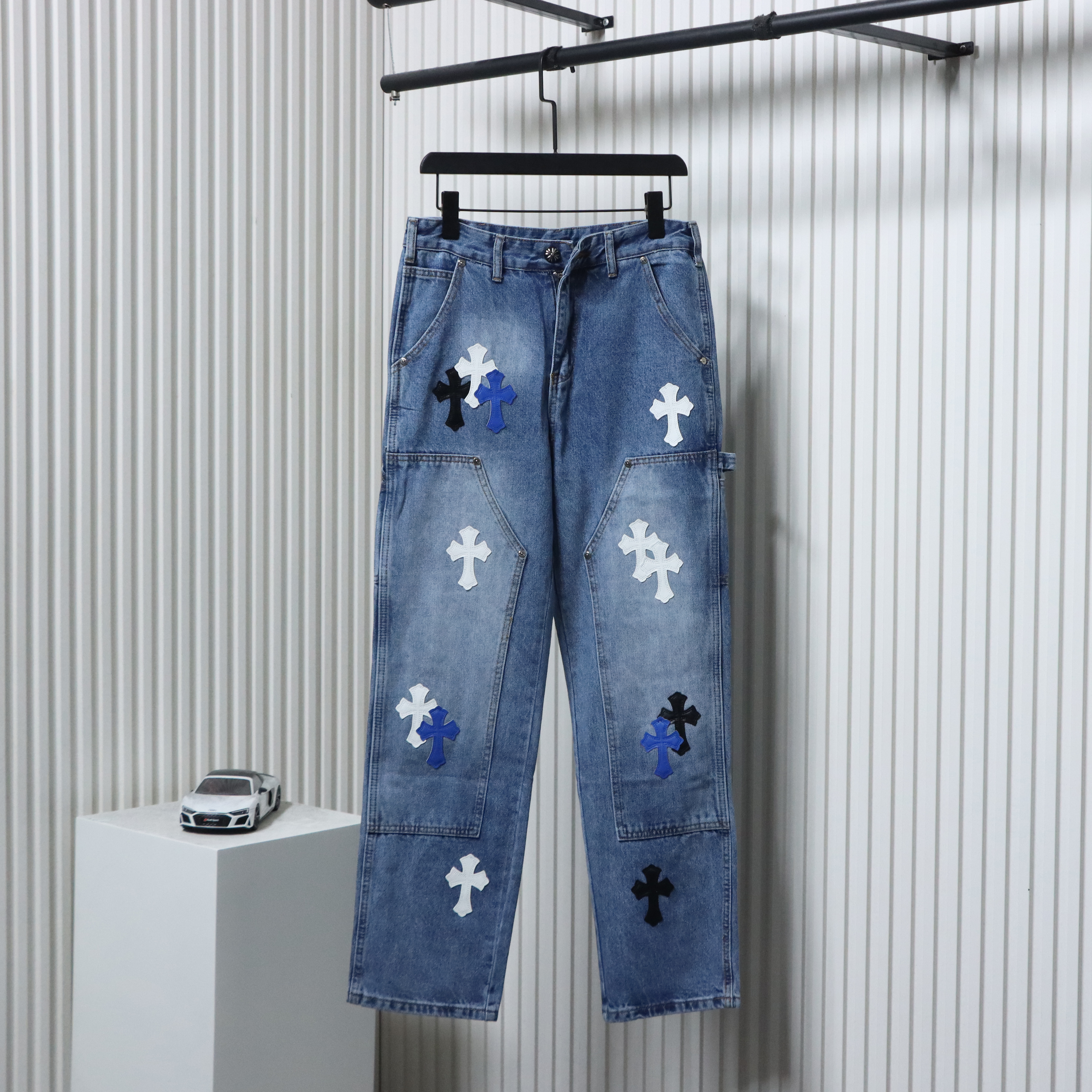 EM Sneakers Chrome Hearts Ox King City Limited Edition Cross Metallic Leather Jeans Dark Blue