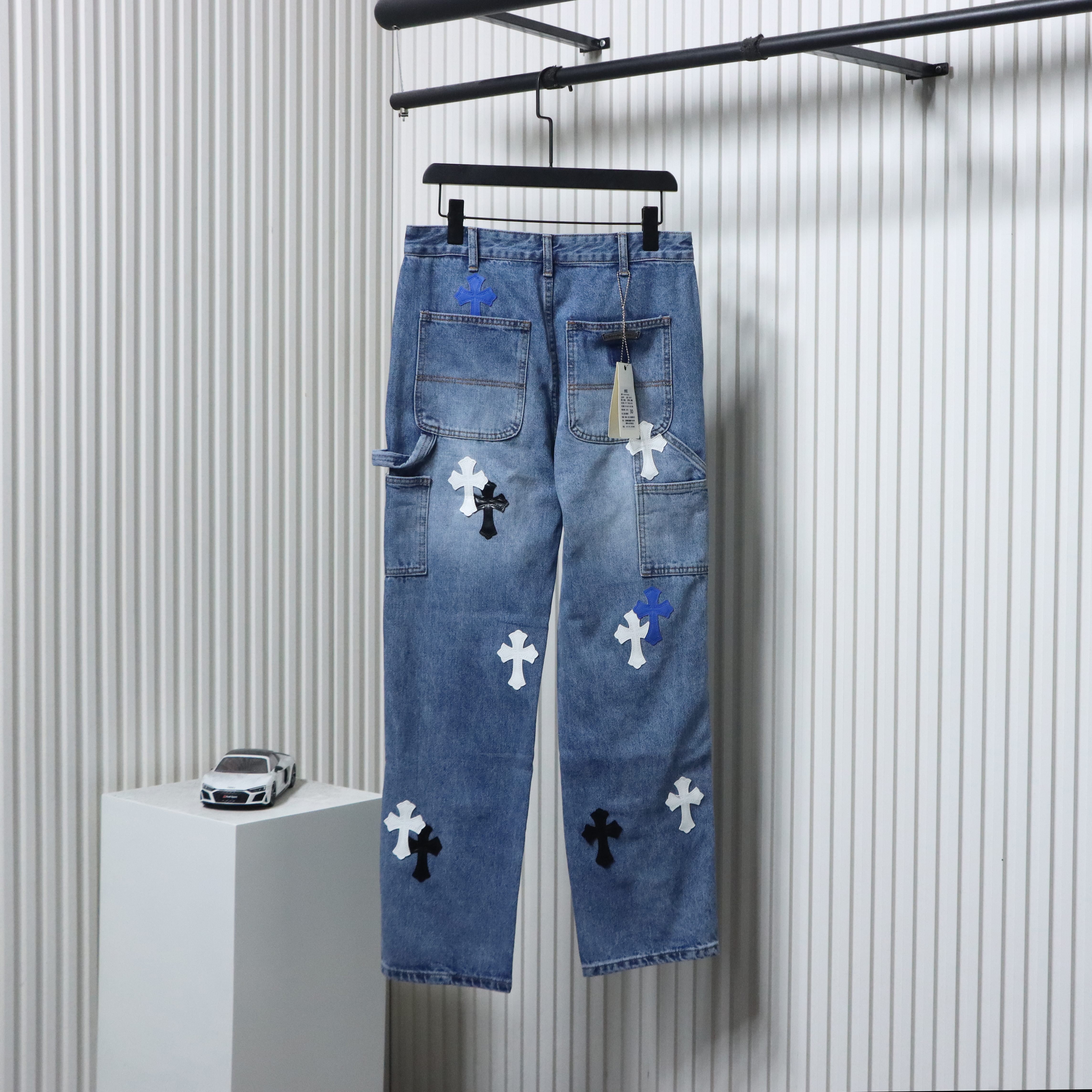 EM Sneakers Chrome Hearts Ox King City Limited Edition Cross Metallic Leather Jeans Dark Blue