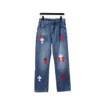 EM Sneakers Chrome Hearts Red and White Cross-patterned Jeans with Sanskrit on the Back