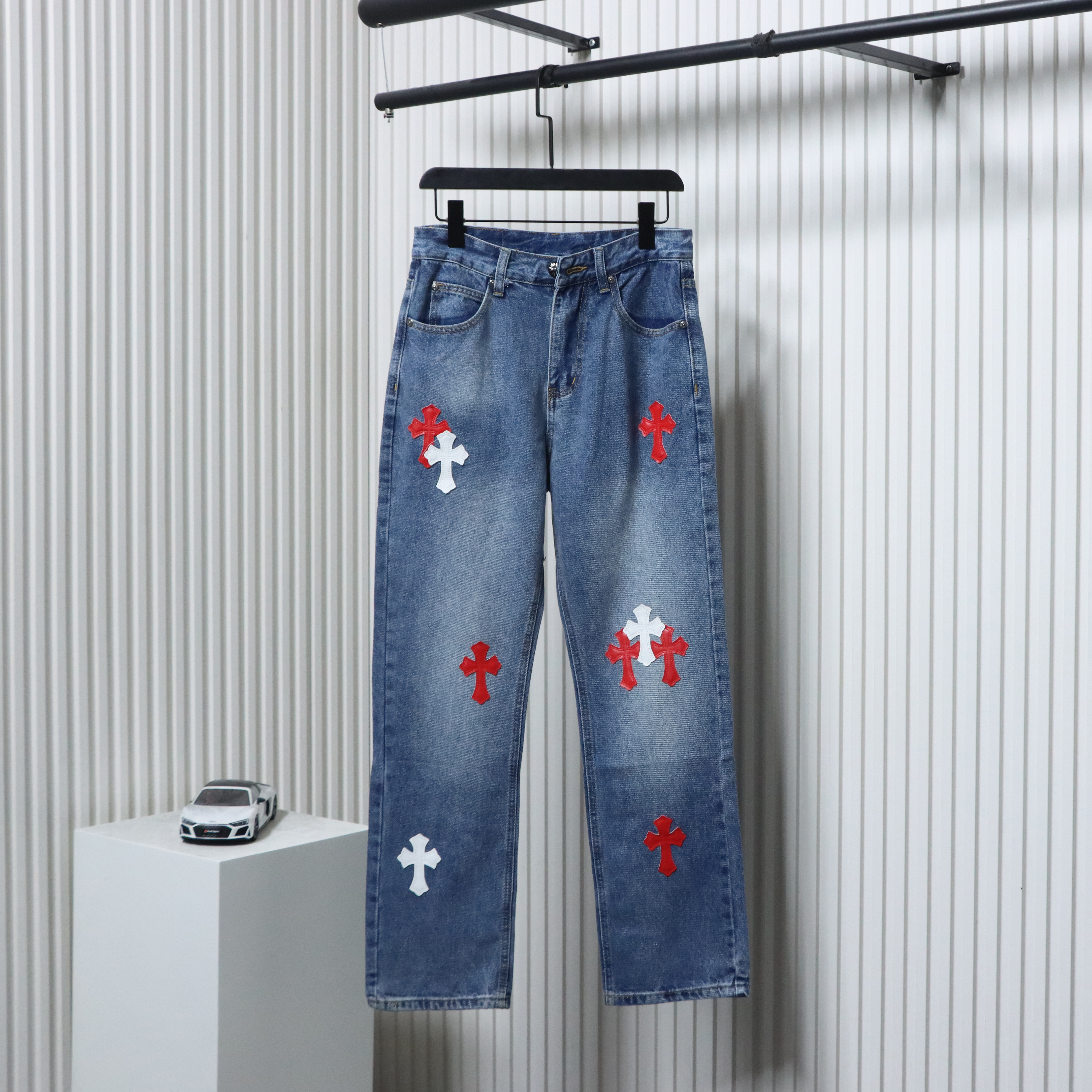 EM Sneakers Chrome Hearts Red and White Cross-patterned Jeans with Sanskrit on the Back