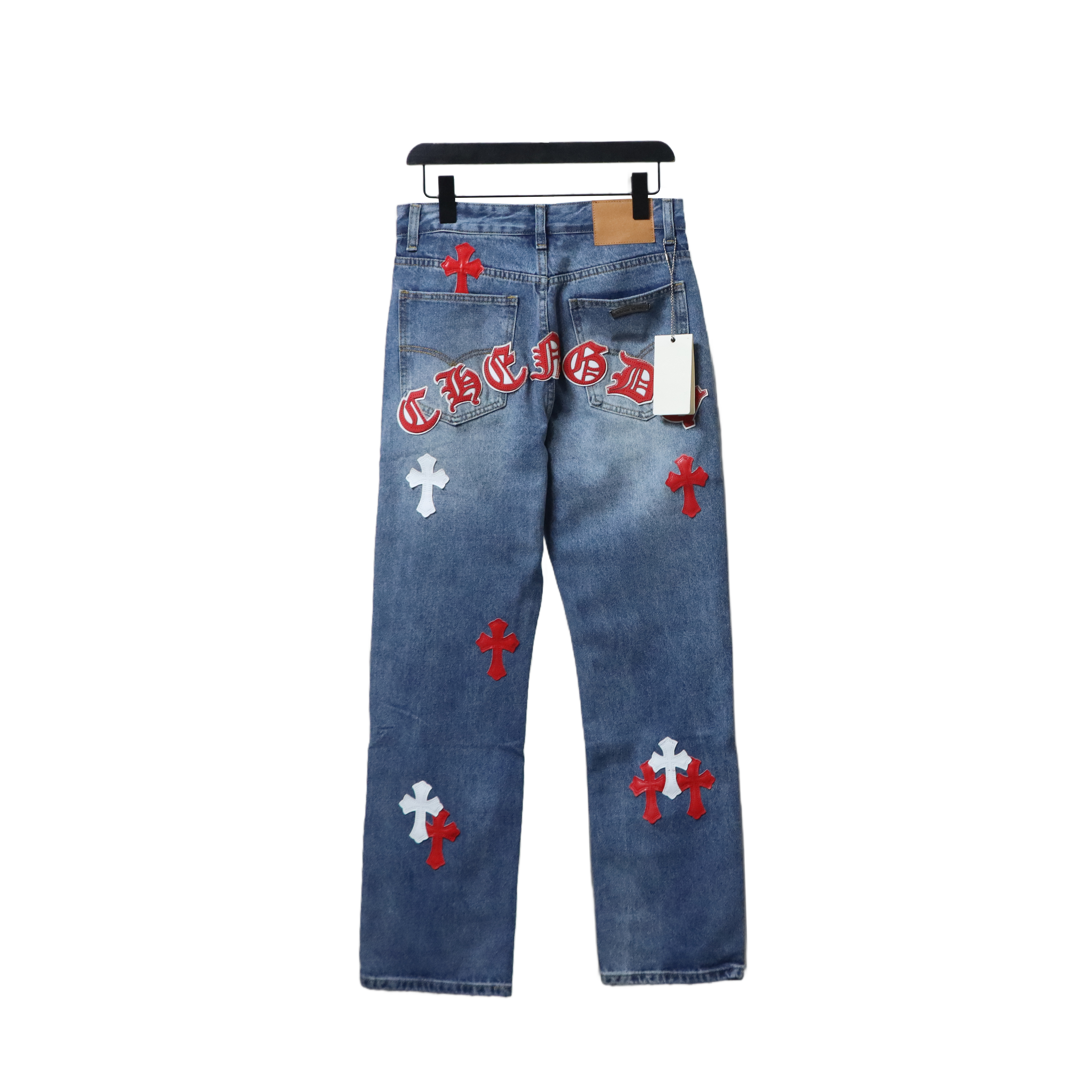 EM Sneakers Chrome Hearts Red and White Cross-patterned Jeans with Sanskrit on the Back