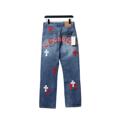 EM Sneakers Chrome Hearts Red and White Cross-patterned Jeans with Sanskrit on the Back 02