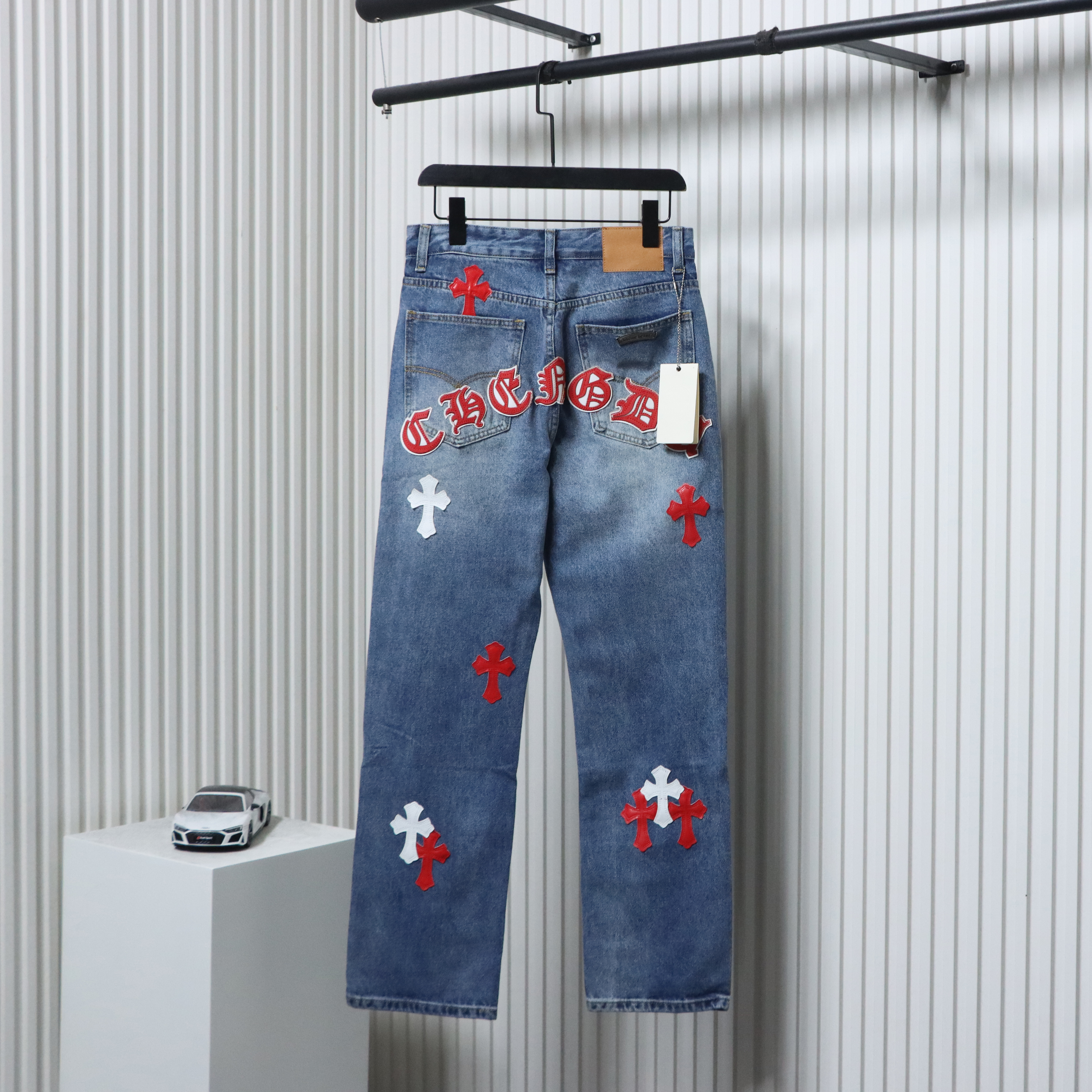 EM Sneakers Chrome Hearts Red and White Cross-patterned Jeans with Sanskrit on the Back