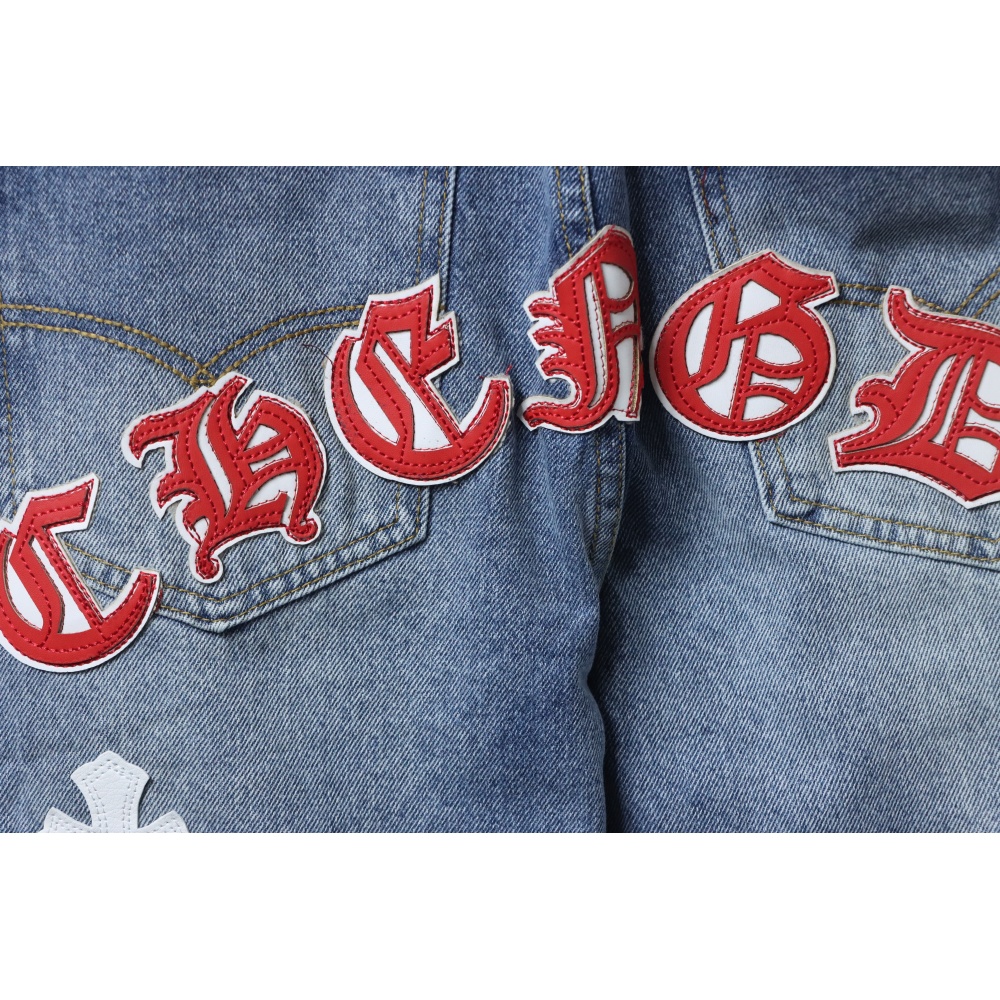 EM Sneakers Chrome Hearts Red and White Cross-patterned Jeans with Sanskrit on the Back