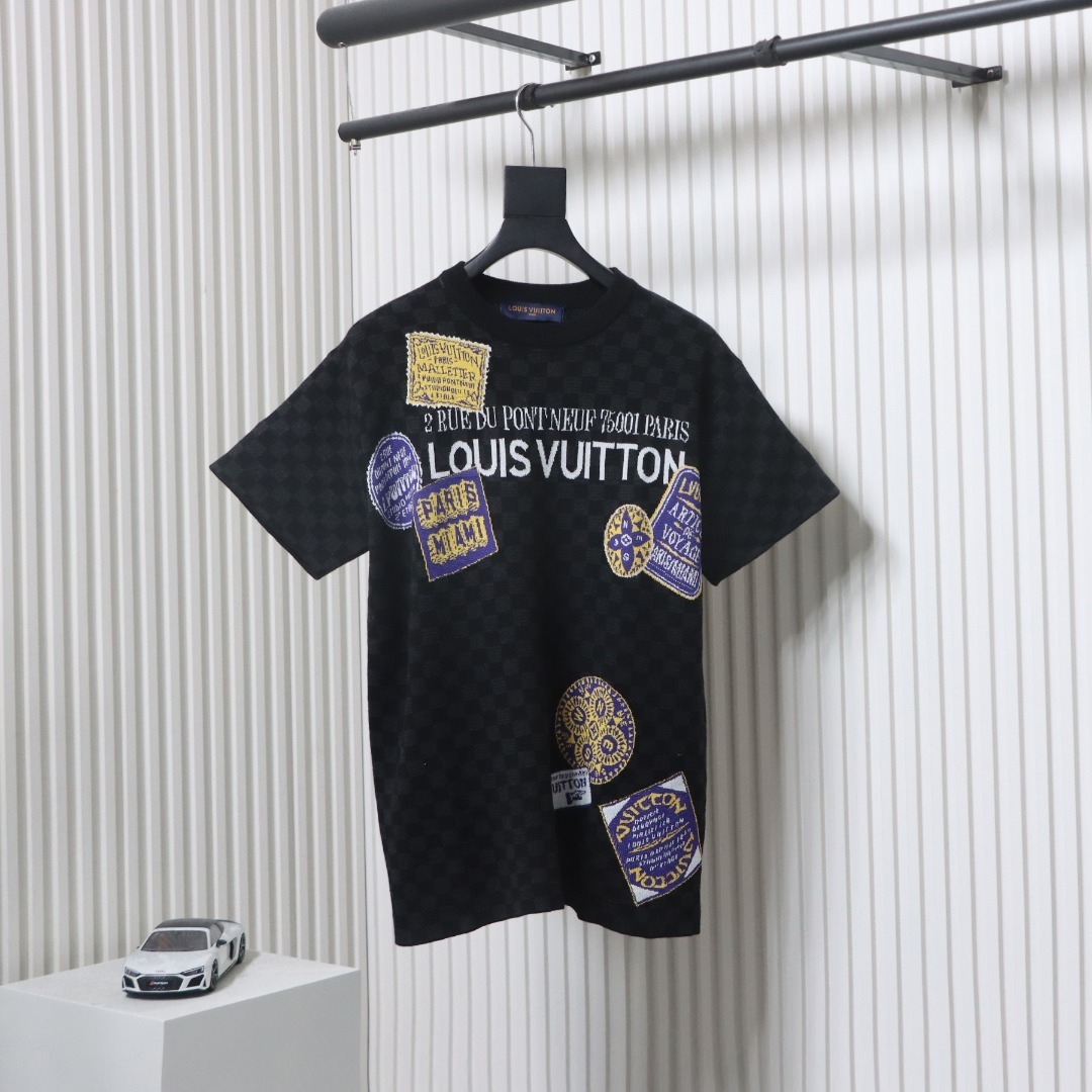 EM Sneakers Louis Vuitton 25ss Luggage Tag Checkerboard Jacquard Knit T-shirt Black