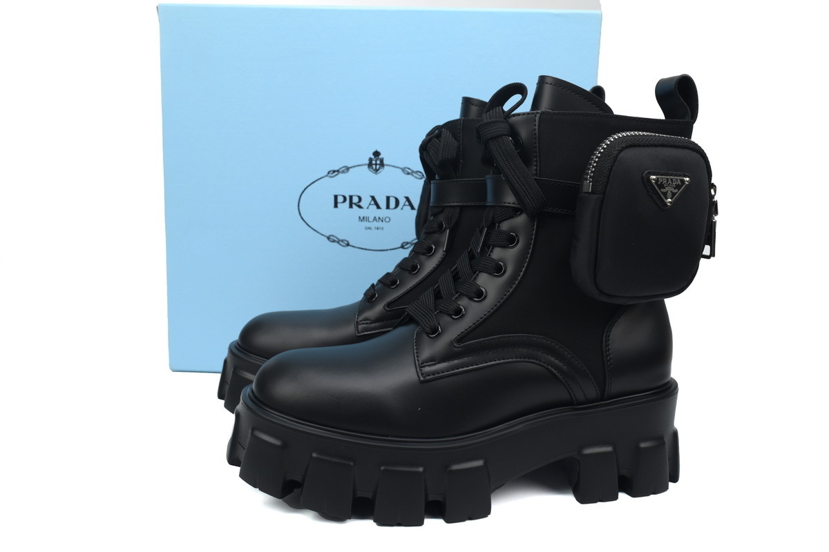 EM Sneakers Prada Monolith 60mm Pouch Ankle Boots Black Brushed Leather And Nylon